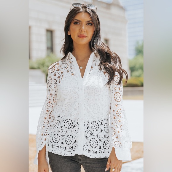 Button-Up Lace Collared Shirt - Picture 1 of 3
